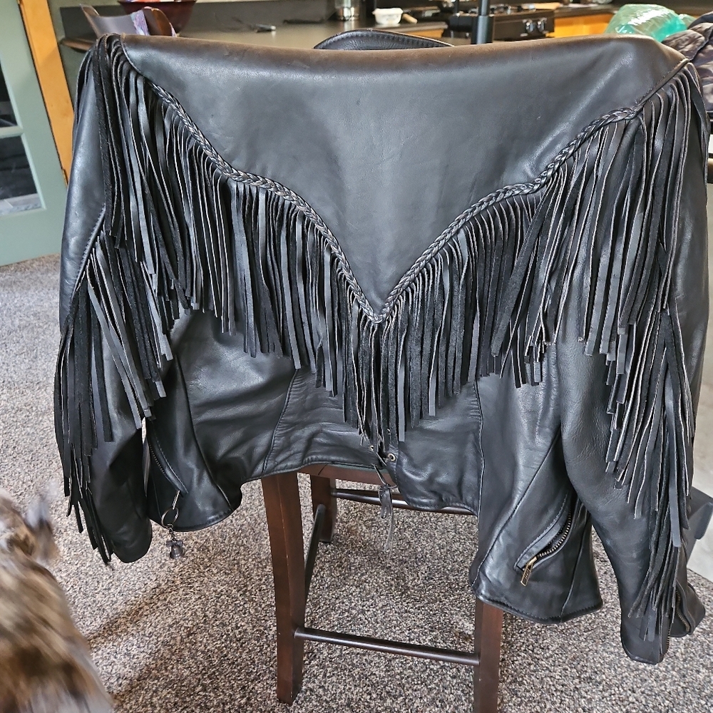 Black Leather Fringe Jacket with Motorcycle Style